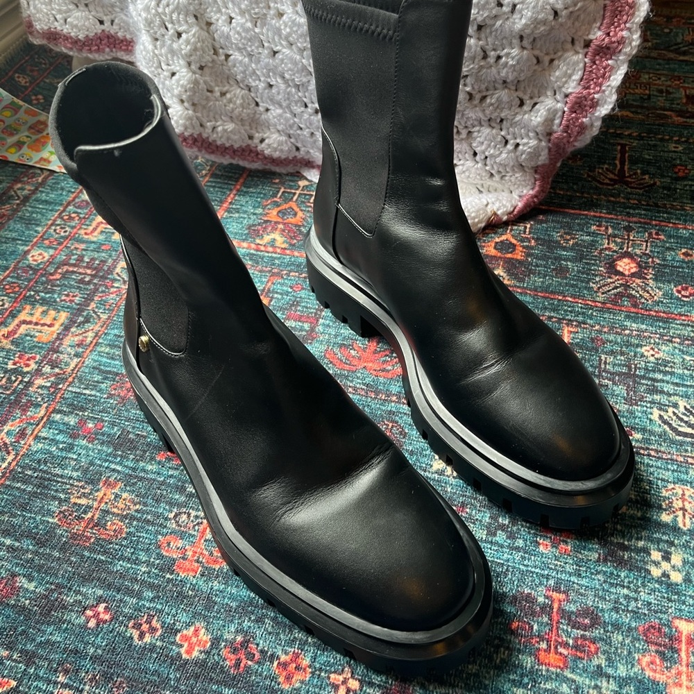 Stuart Weitzman Black Leather Lug-Sole Chelsea Booties